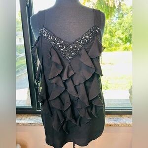 NY Collection Black Beaded  Sleeveless Ruffle Blouse Size Large